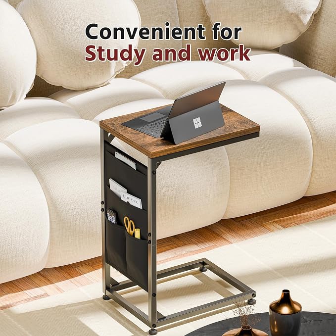 Simple Trending C Shaped End Table, Side Table TV Trays Set of 2 with Fabric Storage Bag, Couch Sofa Table for Living Room, Rustic Brown