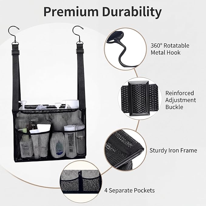 Hanging Mesh Shower Caddy With 4 Storage Pockets & Hooks, Adjustable Hanging Shower Storage Organizer for College Dorm, Gym, Swimming & RV Travel