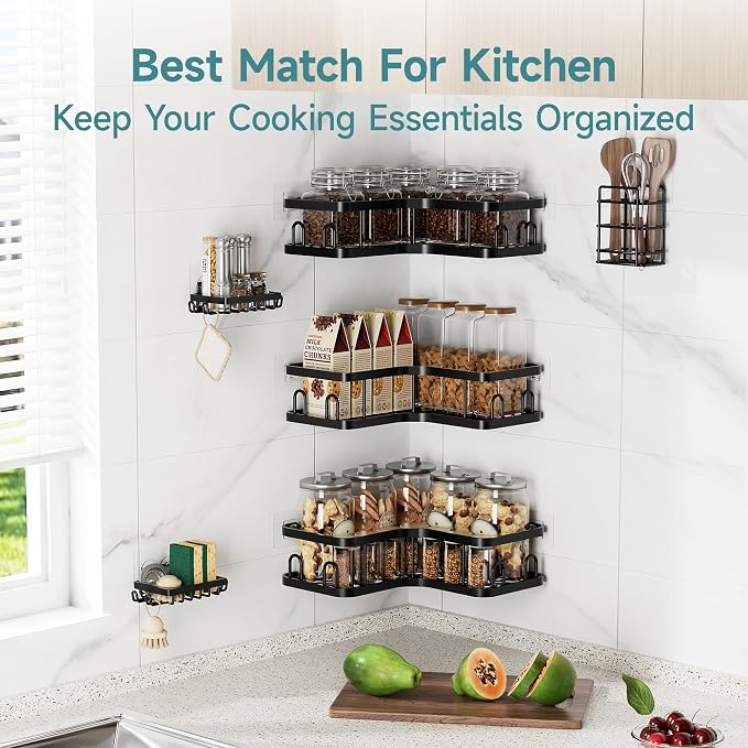 Veken Corner Shower Caddy 6-Pack, Advanced Rustproof Design, No Drilling Adhesive Shelves, Rack with Soap Holder, Large Capacity Bathroom Organizers and Storage, Wall-Mounted Kitchen&Home Decor,Black