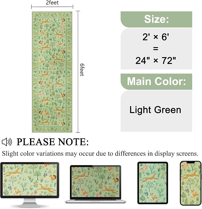 DUKINO 2x6 Rug for Hallway, Washable Kitchen Runner Rug with Non Slip Backing, Soft Low Pile Vintage Animal Runner for Bedroom, Kitchen, Hallway, Entryway, Laundry, Light Green