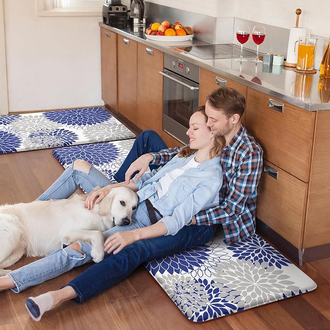 Anti Fatigue Kitchen Mats 2PCS,Boho Dahlia Kitchen Rugs Non Slip Rubber Backing, Farmhouse Waterproof Kitchen Mat for Floor,Cushioned Standing Mat for Kitchen,Laundry,Sink,Desk,Blue