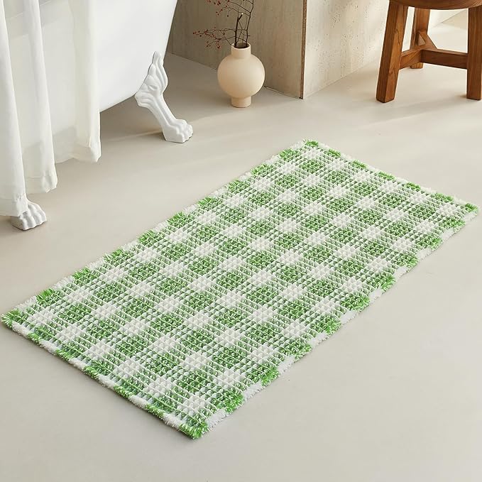 TYUU Waffle Bath Mat, Boho Bathroom Rugs Non Slip Washable Absorbent Checkered Bathroom Mat Quick Dry Cute Bath Mat, 48"x24" Green and White