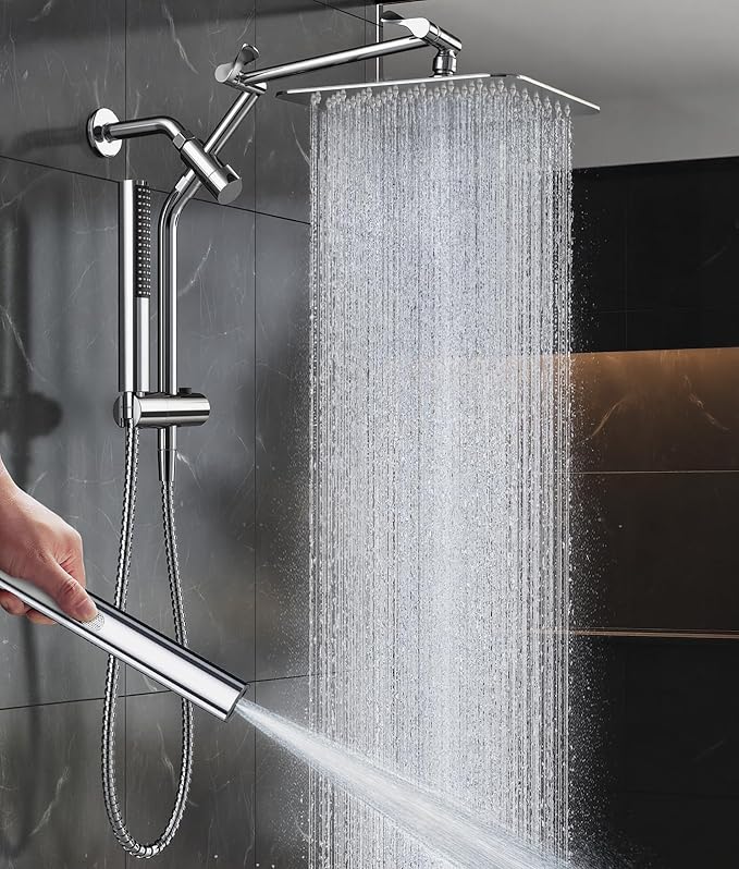 Veken All Metal 10" Shower Head with Handheld, Luxurious Square Double Rain Shower Heads with Spray Combo, Dual High Pressure Detachable Rainfall Showerhead with Extension Arm, Long Hose,Chrome,Sliver