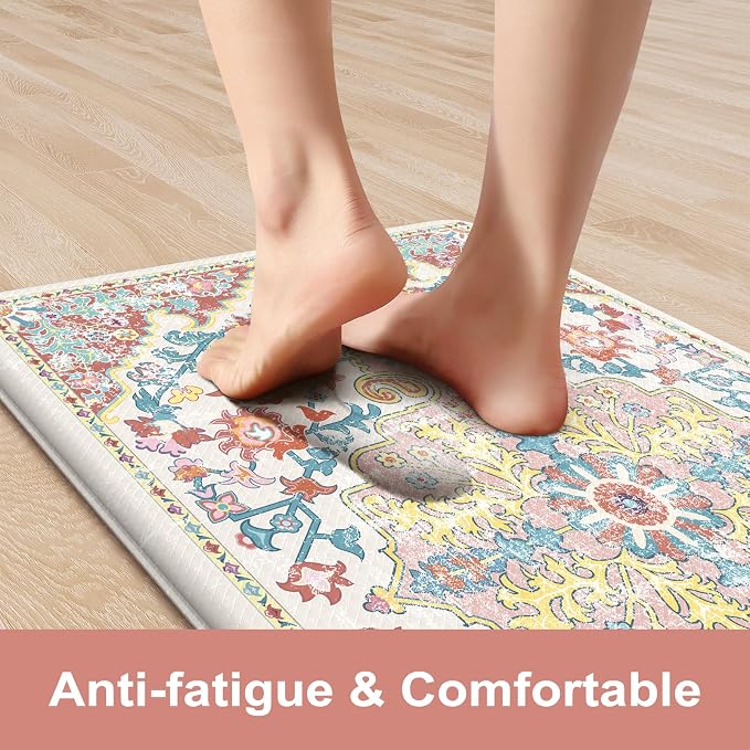 KIMODE Kitchen Mats for Floor, 17"x47"+17"x29" Boho Vintage Kitchen Rugs 2 PCS, Cushioned Anti Fatigue Mats for Kitchen Floor, Non-Slip Kitchen Floor Mats, Sink, Laundry, Office, Desk Pink
