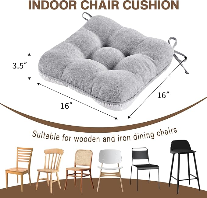 BETU Chair Cushions for Dining Chairs Set of 4,3.5" Thick Kitchen Table Chair Pads with Ties,Non Slip Backing and Covers, Seat Cushion for Dining Room,Bar,Patio Chairs,15.5"X15.5"X3.5",Light Grey