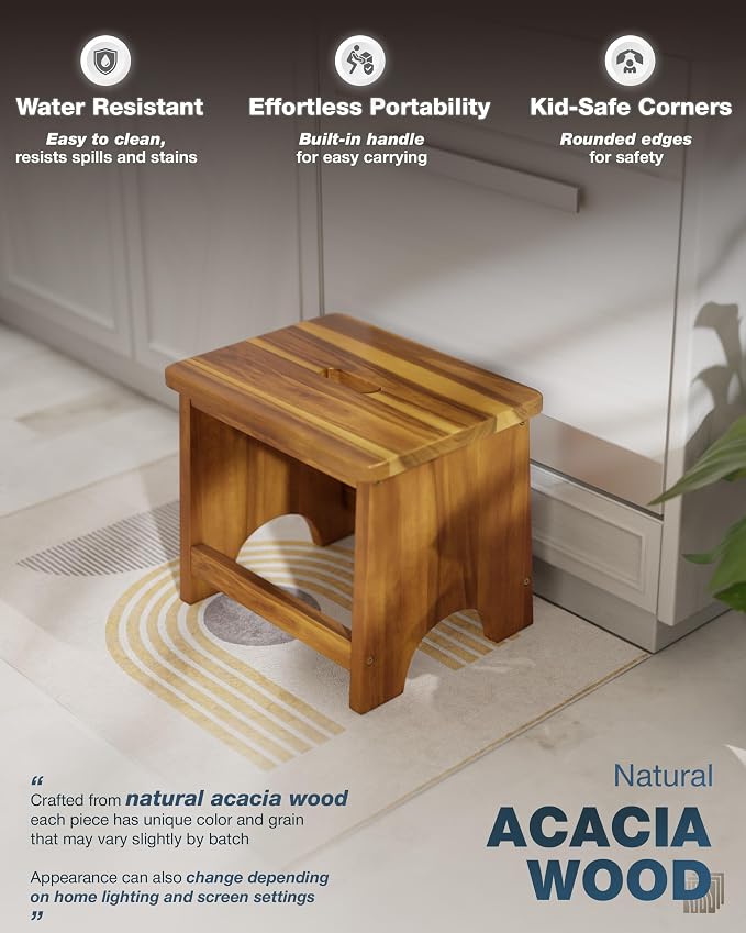 FANATU Wooden Step Stool, 13'' Non-Slip Heavy Duty Stepping Stool for Adults with Handle, Nonslip & Durable Design Supports up to 500lbs for Bedroom or Kitchen