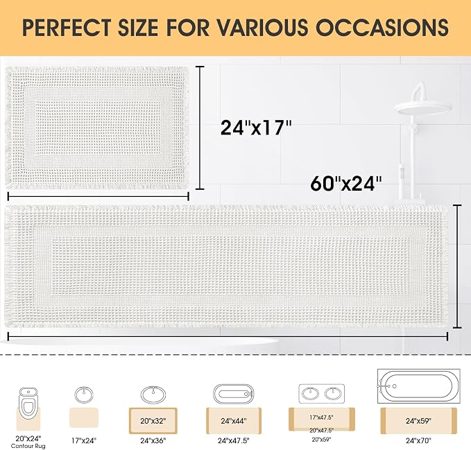 Upgrade Waffle Bath Mat Set 2 Piece, Boho Bathroom Rugs Absorbent Non Slip, Ultra Soft Bathroom Mat, Machine Washable Knit Bath Rugs with Tassels for Bathroom, Bedroom, Kitchen, Shower, Tub, White