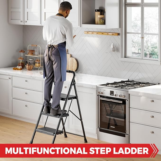 KINGRACK 3 Step Ladder, Sturdy Step Stool with Handrail, Wide Anti-Slip Pedals, 800lbs Max Load Capacity, Folding Step Stool for Home, Kitchen, Black