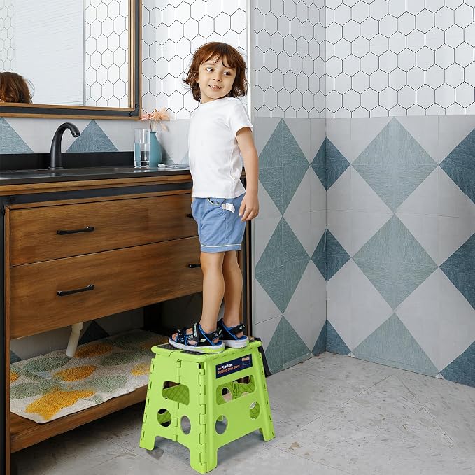 Flottian 13" Folding Step Stool for Adults and Kids Holds Up to 300 lbs,Non-Slip Folding Stools with Handle, Compact Plastic Foldable Step Stool for Bathroom,Bedroom, Kitchen,Grass Green,1PC