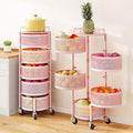 SAYZH Fruit Vegetable Basket for Kitchen, Rotating Storage Rack, 5 Tier Rolling Cart with top lid, Large Metal Wire Wheels, Pink