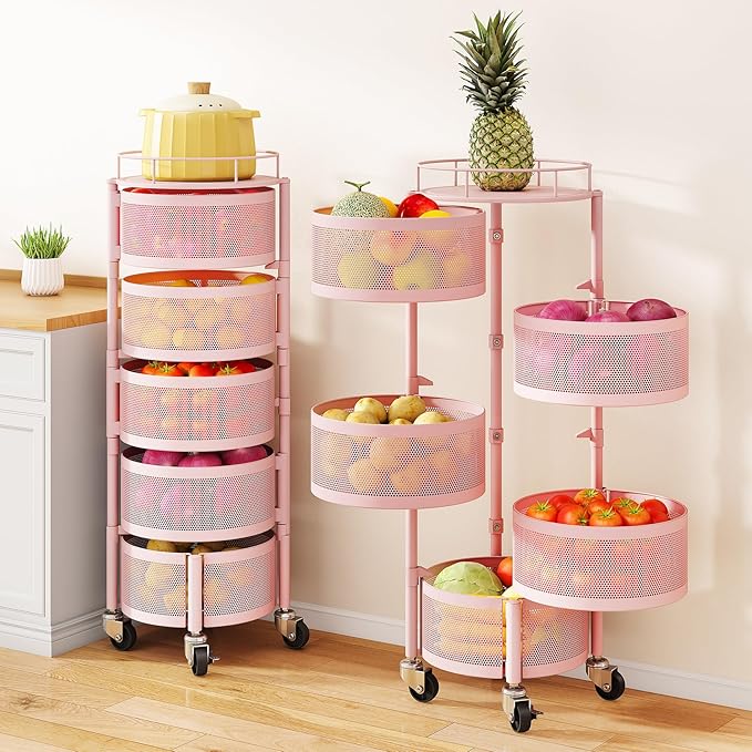 SAYZH Fruit Vegetable Basket for Kitchen, Rotating Storage Rack, 5 Tier Rolling Cart with top lid, Large Metal Wire Wheels, Pink