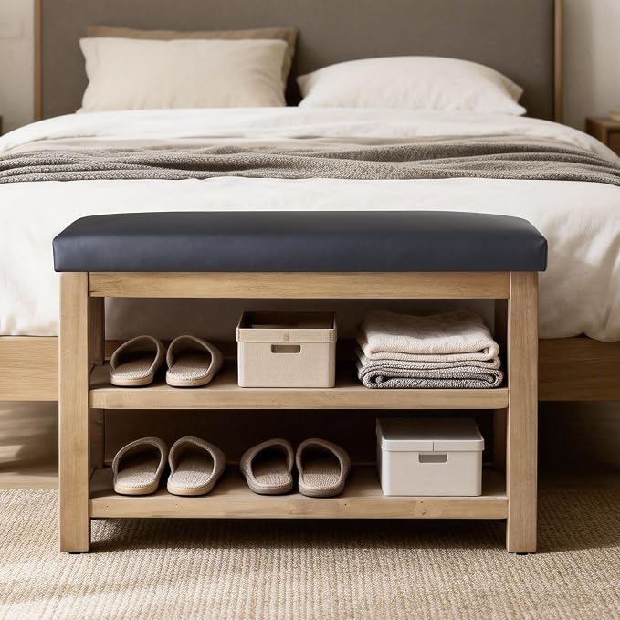 Zihanhome Shoe Rack Bench with Leather Cushion, 2 Tier Solid Wood Storage Bench, Mid-Century Modern Shoe Bench for Entryway, Hallway, Closet, Front Door Entrance, Foyer (Black, 31.5)