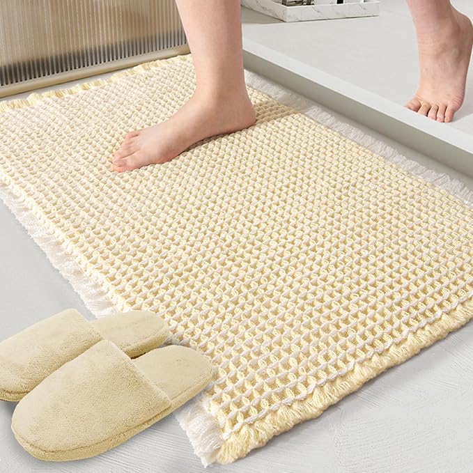 ZALL Beige Waffle Bath Mat,Super Absorbent Non Slip Bathroom Rug,Cream 18x30inch,Machine Washable Ultra Soft Floor Mats