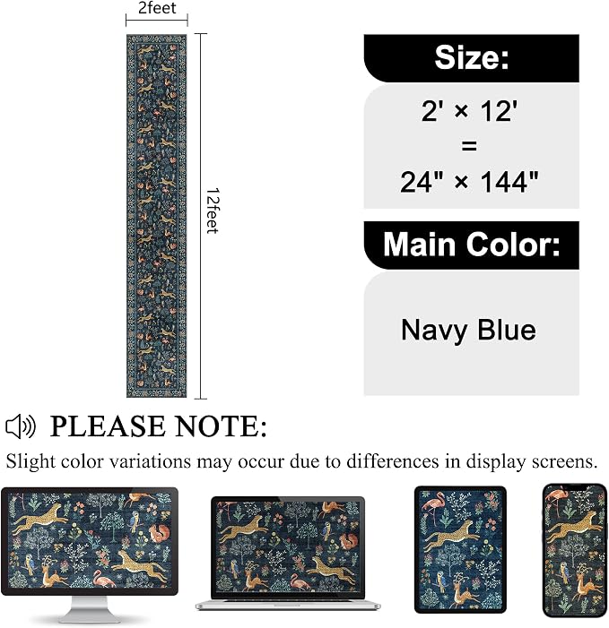 DUKINO 2x12 Washable Runner Rug, Ultra Soft Vintage Animal Runner Rug for Hallway, Lightweight Non Slip & Non Shedding Long Carpet for Kitchen, Laundry Room, Bathroom, Bedroom, Entrance, Navy Blue