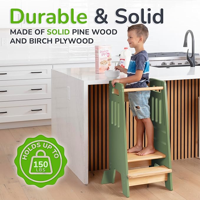 OCODILE Toddler Tower with a Sliding Door and 3 Adjustable Heights - Safe Toddler Kitchen Step Helper with Support Feet - Updated Design for 18+ Months to 6-Year-Old Kids - Green