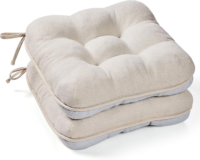 BETU Chair Cushions for Dining Chairs Set of 2,3.5" Thick Kitchen Table Chair Pads with Ties,Non Slip Backing and Covers, Seat Cushion for Dining Room,Bar,Patio Chairs,15.5"X15.5"X3.5",Beige