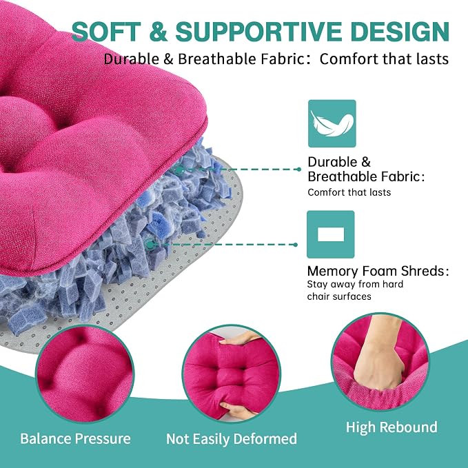 BETU Chair Cushions for Dining Chairs Set of 6,3.5" Thick Kitchen Table Chair Pads with Ties,Non Slip Backing and Covers, Seat Cushion for Dining Room,Bar,Patio Chairs,15.5"X15.5"X3.5",Hot Pink
