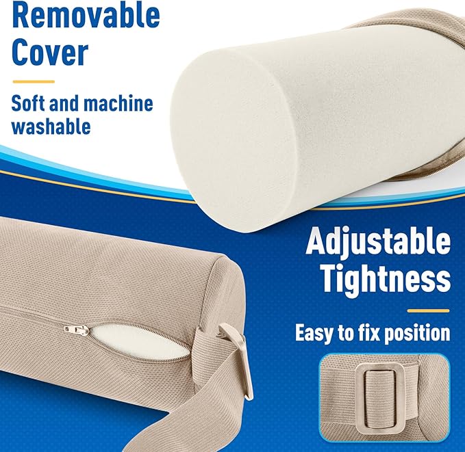 Lumbar Roll Support Pillow for Office Chair, Car, Gaming Chair, Memory Foam Back Cushion with Washable Cover for Relieving Back Pain & Improving Posture, Large,Khaki