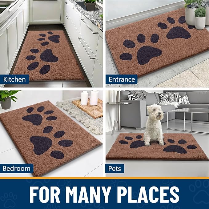 Smiry Dog Door Mat for Muddy Paws, Absorbs Moisture and Dirt, Low-Profile Entryway Mat with Non-Slip Backing, Entry Indoor Outdoor Doormat for Inside Floor (30x20 Inches, Camel and Black, Paw)
