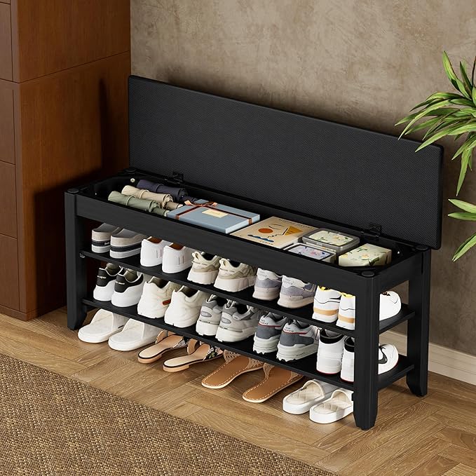 Homleke Shoe Rack Bench with Flip-Top Storage, Solid Wood Entryway Bench with Cushion, Adjustable Shelf, for Hallway, Mudroom, Closet – Black, 39.4"