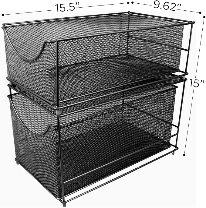 Sorbus® Cabinet Organizer Set — Mesh Storage Organizer with Pull Out Drawers—Ideal for Countertop, Cabinet, Pantry, Under The Sink, Desktop and More (Black Two-Piece Set)