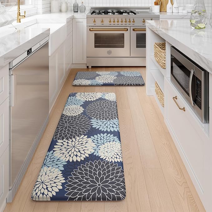 Anti Fatigue Kitchen Mats 2PCS,Boho Dahlia Kitchen Rugs Non Slip Rubber Backing,Farmhouse Waterproof Kitchen Mat for Floor,Cushioned Standing Mat for Kitchen,Sink,Desk,Mutil-Blue
