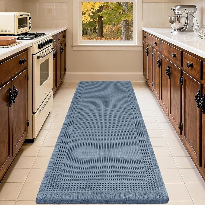 Upgrade Waffle Bath Mat Set 2 Piece, Boho Bathroom Rugs Absorbent Non Slip, Ultra Soft Bathroom Mat, Machine Washable Knit Bath Rugs with Border for Bathroom, Bedroom, Kitchen, Shower, Tub, Blue
