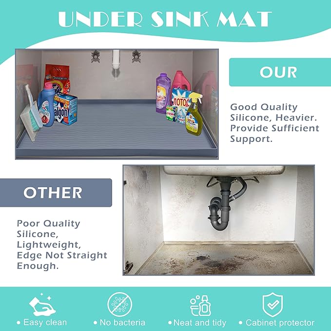 URMONA Waterproof Silicone Under Sink Mat 40'' x 22'' Shelf Liner for Kitchen and Bathroom, Cabinet and Counter Protector, Storage and Organizers, Litter Mat, Pet Cat Puppy Essentials(Dark Grey)