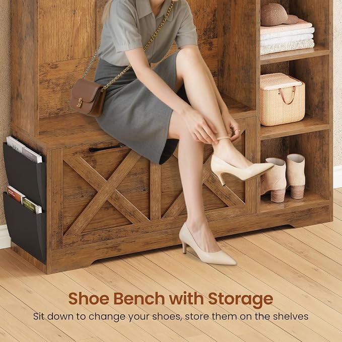 Itaar Hall Tree with Bench and Shoe Storage, Farmhouse Entryway Bench with Coat Rack, Shoe Cabinet with Flip Drawers, 7 Shelves, 10 Coat Hooks, Storage Bag, Led Lights, Rustic Brown