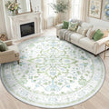 RELEANY Area Rugs Round 8ft Washable Non-Slip, Floral Vintage Distress Medallion Carpet for Living Room Bedroom Dining Room, Green White Blue