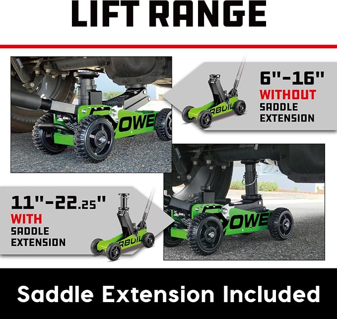 Powerbuilt 1.5 Ton Big Wheel Off Road Jack, Vehicle Lift for Trucks, SUVs, ATVs Offroad Vehicles, Oversized Wheels for Rugged Terrain, 3000 LB Capacity, Green 620628ECE
