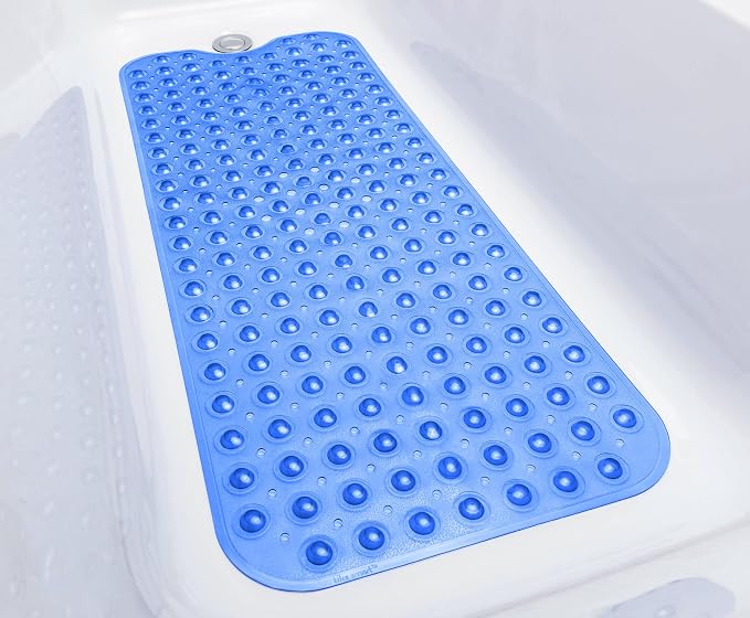 Extra-Long Non-Slip Bathtub & Shower Mat 39”x16” (Smooth/Non-Textured Tubs Only) Safe, Clean, Machine-Washable, Superior Grip&Drainage, Vinyl, Transparent Blue