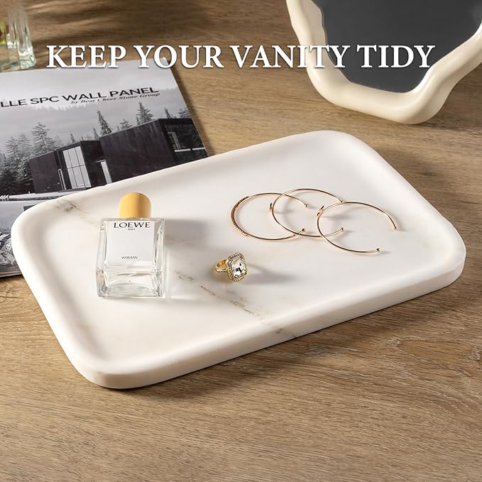 Koville Marble Tray, 12"x8" Marble Vanity Tray for Countertop Bathroom Kitchen Dresser, Decorative Catchall Trays for Perfume Jewelry, Rectangular Stone Serving Tray(Oriental Calacatta