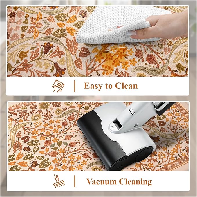 Collive Fall Orange Floral Kitchen Mats, Cushioned Anti Fatigue Kitchens Rugs Set of 2 Non Slip Desk Mats, Waterproof Sink Mat Comfort Standing Rug for Home Office Decoration