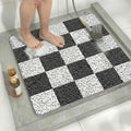 Square Loofah Shower Stall Mat 24"x24", Quick Drying Shower Mats with Drain, PVC Loofah Bath Mat for Wet Room & Bathroom Floor, Soft Textured & Elderly Safe, Washable & Resistant, Black Checkered