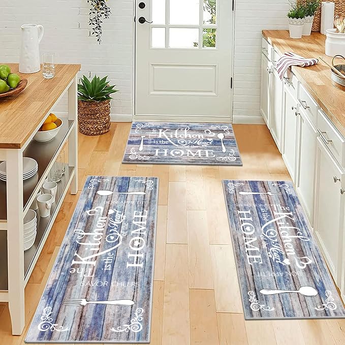 Vaukki Boho Kitchen Rug Sets 3 Pieces, Washable Kitchen Mats for Floor, Non Slip Soft Kitchen Area Rug Floor Mat for Kitchen, Laundry Room and Hallway (Blue and Brown, 20''x32''+20''x47''+20''x59'')