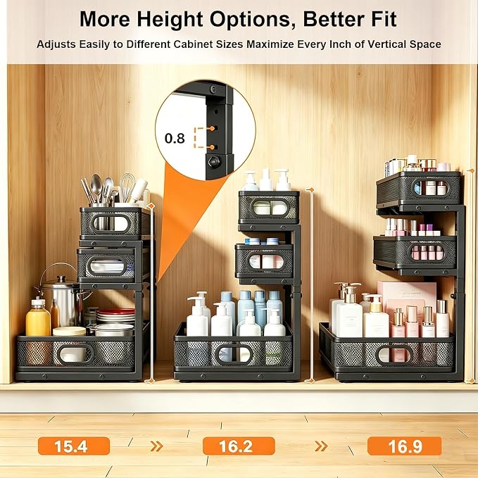 2 Pack Under Sink Organizer, 3-Tier Pull Out Kitchen Cabinet Organizer, Height Adjustable Metal Slide Out Bathroom Storage Makeup Drawer Rack for Bedroom Office Laundry Pantry Home Organization, Black