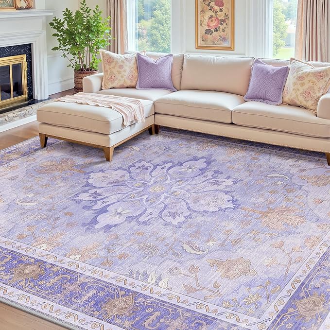 RELEANY Area Rugs 8'x10' Washable Non-Slip, Floral Vintage Distress Medallion Carpet for Living Room Bedroom Dining Room, Light Purple Brown