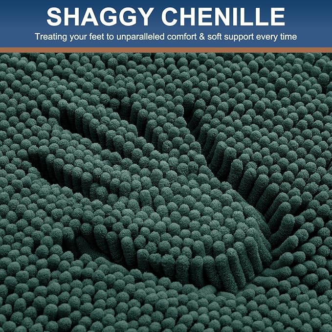 Smiry Luxury Chenille Bathroom Rugs 30x20, Extra Soft and Absorbent Shaggy Bath Mat, Machine Washable, Non-Slip Plush Carpet Runner for Tub, Shower, and Floor, Home Decor Accessories, Green