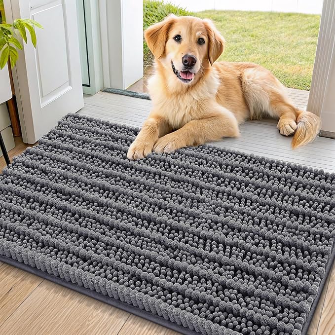 Smiry Dog Door Mat for Muddy Paws 36x24, Absorbent Dirt Trapper, Non-Slip Washable Chenille Entryway Rug for Inside Floor, Dark Grey, Layered Pattern