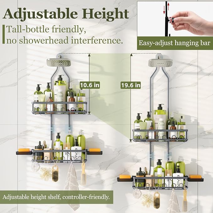 Skyapex Shower Caddy Hanging: Adjustable Height Organizer for Over Showerhead - Rustproof Shower Shelves with Hooks & 2 Soap Holders