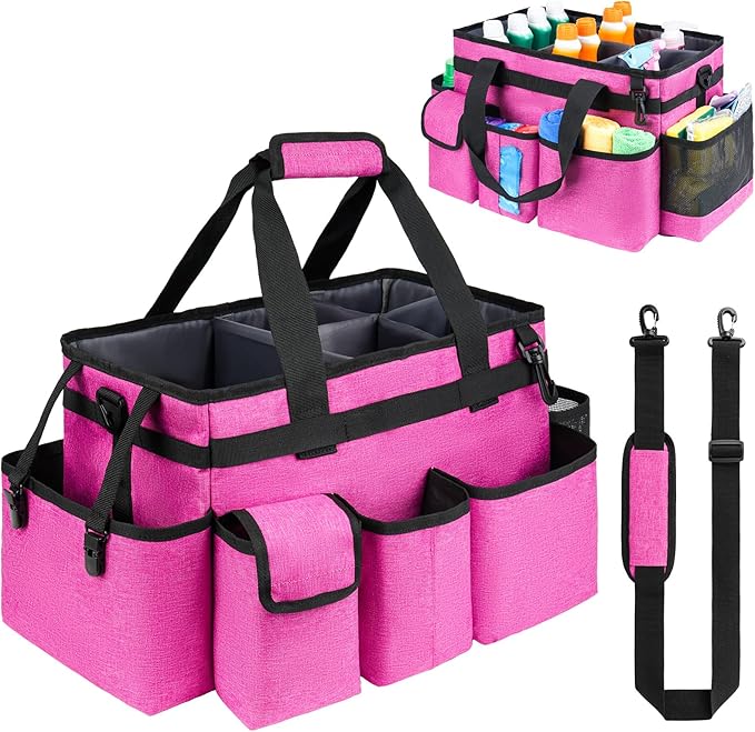 Cleaning Caddy Bag,Large Cleaning Supplies Organizer with Handle for Housekeepers,Rose Red