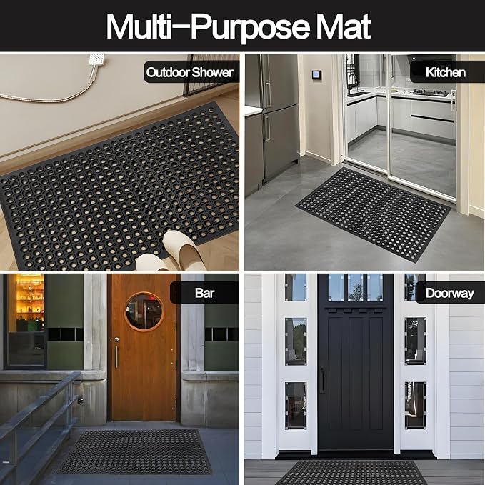 Nexboraque Anti Fatigue Rubber Floor Mats, 24 x 36 Inch Non-Slip Restaurant Mat Door Mat Drainage Mat for Indoor Outdoor Wet Area, Pool Entry, Garden - Black