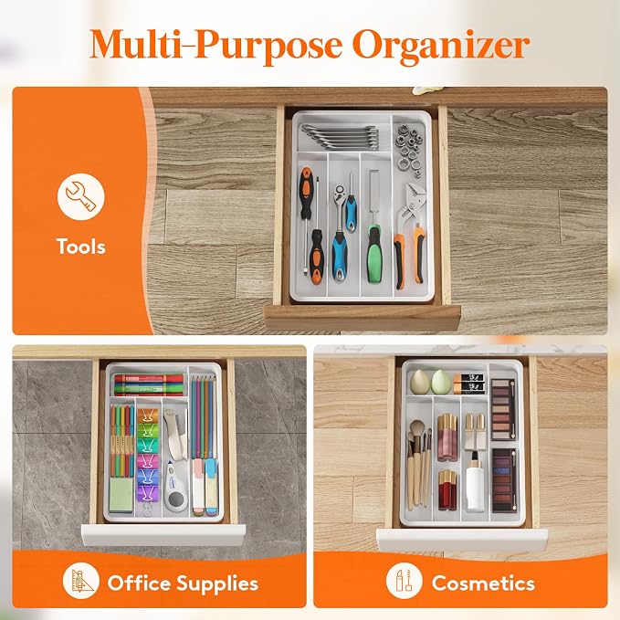 Lifewit Silverware Drawer Organizer Tray, Plastic Cutlery Storage for Kitchen, Flatware and Utensil Holder Divider for Spoons Forks Knives Tableware, 9.5 x 13.4", 5 Slots, White