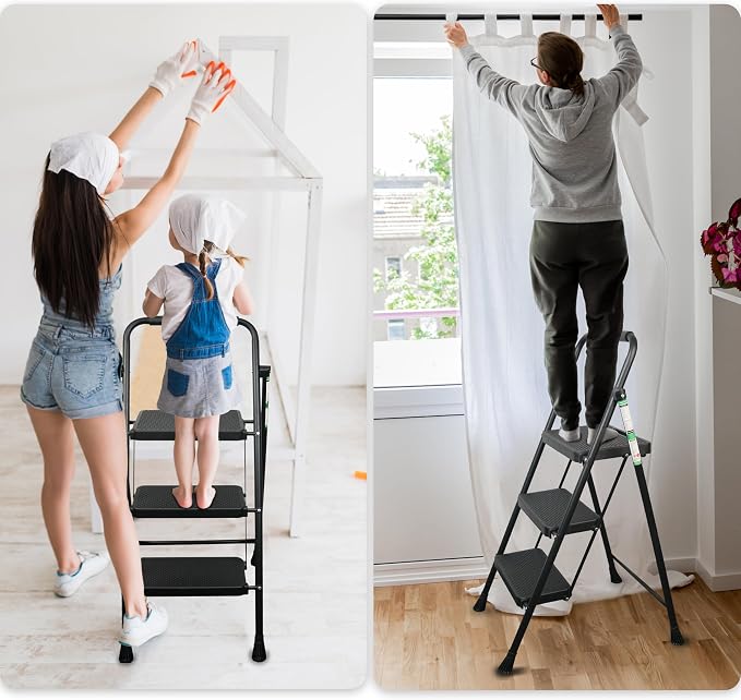 Arbusb Step Ladder, Folding Step Stool with Wide Anti-Slip Pedals, Sturdy Steel Ladder with Handrail, Space-Saving, Portable for Home & Adults, 3 Step Ladder