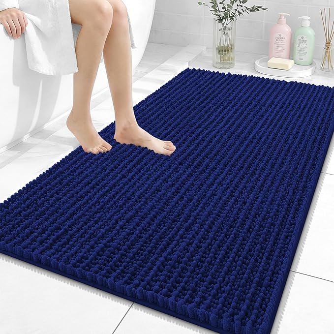OLANLY Bathroom Rug Mat 44x32, Thick Soft and Absorbent Chenille Bath Mat, Non-Slip Rubber Backing, Machine Washable Quick Dry Bath Rugs for Tub Shower Floor, Home Decor Accessories, Navy Blue