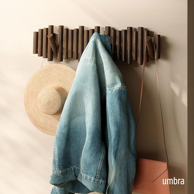 Umbra Picket Coat Rack with 8 Hooks – Walnut Wall-Mounted Coat Rack with Flip-Down Wooden Hooks, Real Pine Wood Decorative Wall Storage for Jackets, Hats, Scarves, Bags, Entryway, Bedroom Living Room