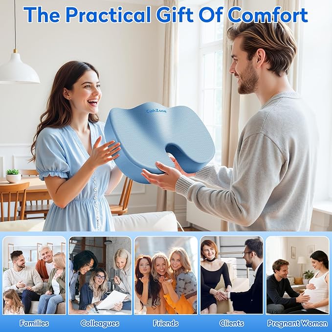 CushZone Seat Cushion, Office Chair Cushions, Car Seat Cushion, Non-Slip Sciatica & Back Coccyx Tailbone Pain Relief Chair Pad, Memory Foam (Light Blue)