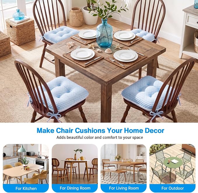 BETU Chair Cushions for Dining Chairs Set of 4, Seat Cushion Kitchen Table Chair Pads with Ties,Non Slip Backing and Covers, Seat Cushions for Dining Room,Bar,Patio Chairs,15.5"X15.5"X3.5",Blue