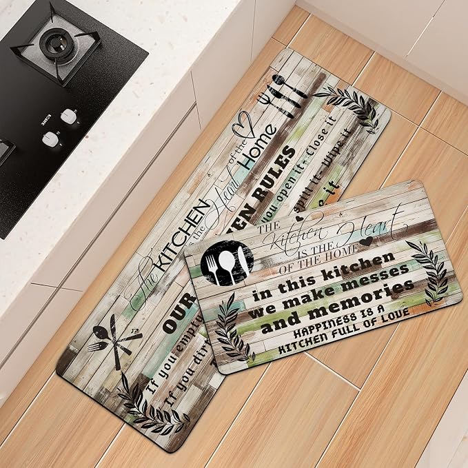 weesire Kitchen Mats for Floor Anti Fatigue Mats for Kitchen Floor Kitchen Rugs Farmhouse Style Memory Foam Kitchen Mat Cushioned PVC Leather Kitchen Rug Set, 17.3x28+17.3x47 inchs